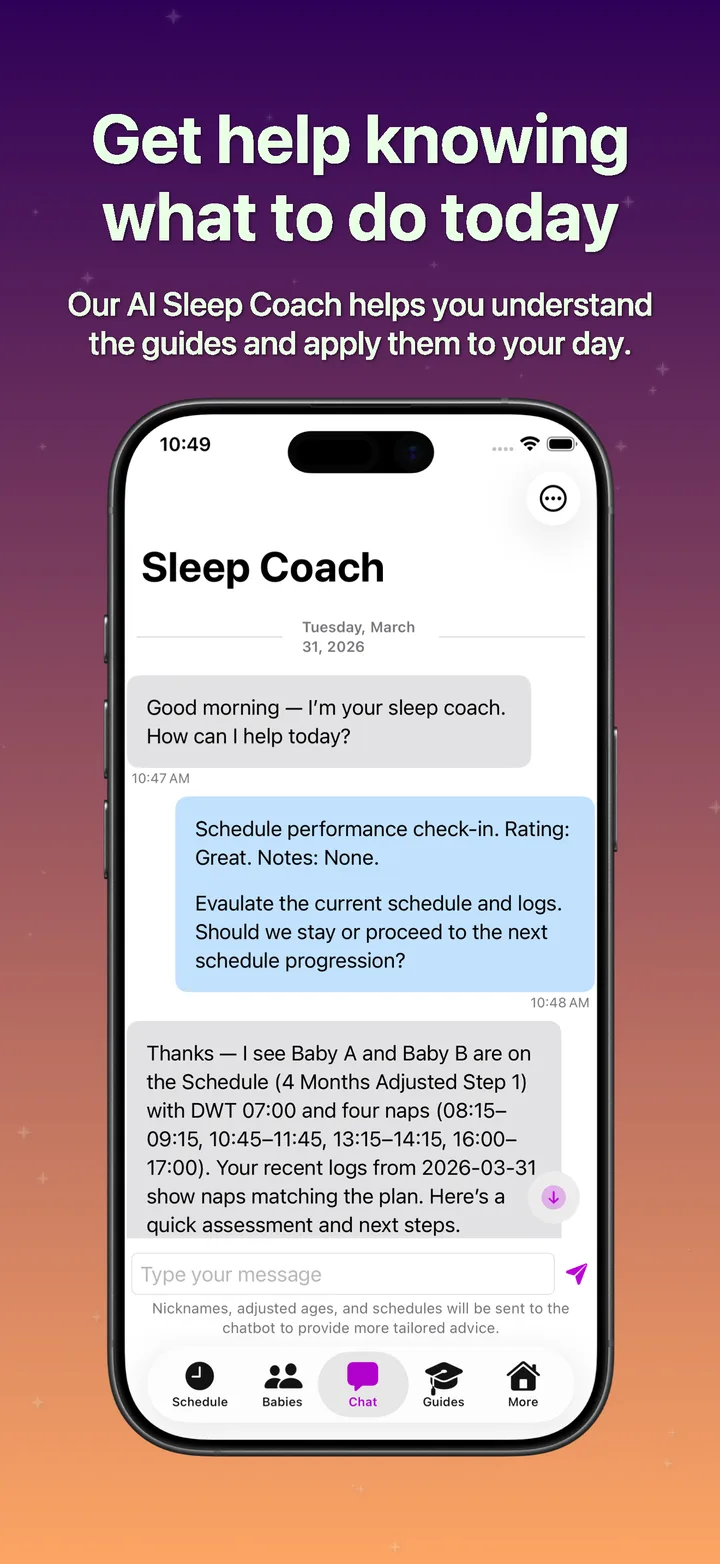 SleepyTwins AI Sleep Coach screen reviewing sleep questions