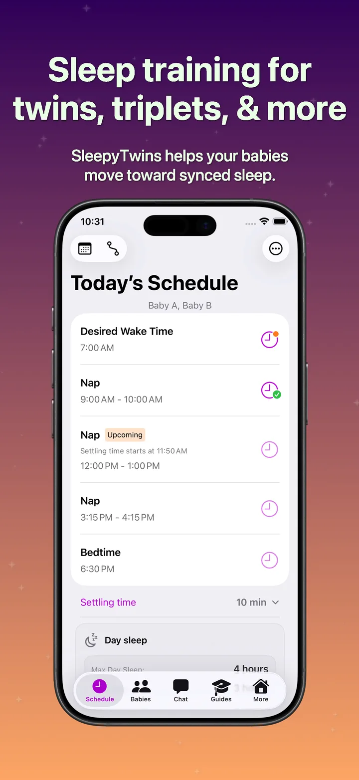 SleepyTwins schedule screen showing a daily plan for two babies